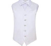 DQT Premium Plain Satin Glossy Finish Solid White Kids Children Boy's Wedding Tuxedo Waistcoat Vest with Matching Formal Pre-Tied Bow Tie Set 34"