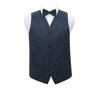 DQT Premium Woven Jacquard Swirl Black and Blue Men's Wedding Waistcoat Vest and Pre-tied Bow Tie 2 pc. Matching Set - 46"