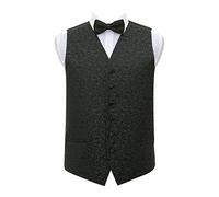 DQT Premium Woven Jacquard Swirl Black and Green Men's Wedding Waistcoat Vest and Pre-tied Bow Tie 2 pc. Matching Set - 50"