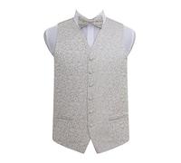 DQT Premium Woven Jacquard Swirl Silver Men's Wedding Waistcoat Vest and Pre-tied Bow Tie 2 pc. Matching Set - 36"