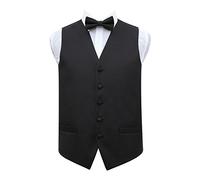 DQT Premium Woven Microfibre Greek Key Black Men's Wedding Waistcoat Vest and Pre-tied Bow Tie 2 pc. Matching Set - 38"