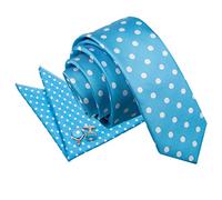 DQT Premium Woven Microfibre Polka Dot Patterned Robins Egg Blue Men's Casual Business Skinny Narrow 5cm Tie with Matching Pocket Square and Cufflinks Set