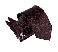 DQT Premium Woven Microfibre Swirl Patterned Black and Burgundy Men's Wedding Casual Classic Standard 9cm Tie Necktie with Matching Handkerchief Pocket Square Hanky and Cufflinks Set
