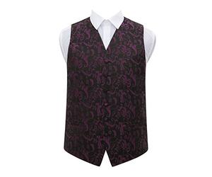 DQT Woven Floral Passion Patterned Wedding Tuxedo Waistcoat Vest for Men, Black and Purple, Small
