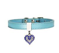 DQZRTUECA Dog Collar, PU Leather Adjustable Pet Collar With 5 Adjustable Eyelets, With D Ring And Sparkling Diamond Heart Decoration For Small To Medium Dogs(Blue,M 1.3cm*14in)