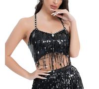 DQZRTUECA Fringe Tassel Halter Top, Belly Dancer Sequin Fringe Crop Dance Bra Multicolor Multiple Sizes(Black,XL)