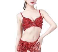 DQZRTUECA Fringe Tassel Halter Top, Women Performance Sequins Belly Dance Multicolor Size 36-38(Red,38)