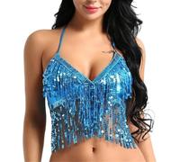 DQZRTUECA Fringe Tassel Halter Top, Womens Belly Dance Bra Multicolor Sequins Tassel Halter Neck Back Tie Up(Lake Blue)