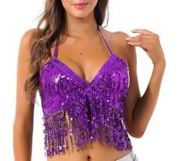 DQZRTUECA Fringe Tassel Halter Top, Womens Belly Dance Bra Multicolor Sequins Tassel Halter Neck Back Tie Up(Purple)