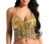 DQZRTUECA Fringe Tassel Halter Top, Womens Belly Dance Bra Multicolor Sequins Tassel Halter Neck Back Tie Up(Gold)
