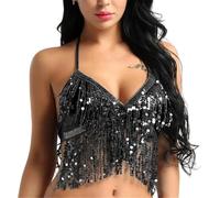 DQZRTUECA Fringe Tassel Halter Top, Womens Belly Dance Bra Multicolor Sequins Tassel Halter Neck Back Tie Up(Black)