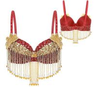 DQZRTUECA Fringe Tassel Halter Top, Women's Belly Dance Multicolor Sequins Beaded Tassels Bra For Festivals Parties Stage(Red)
