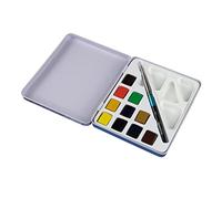 Daler-Rowney Aquafine Watercolour Half Pan Paint Travel Set, 10 Assorted Colours + 1 Aquafine Watercolour Brush, Ideal for Professional & Beginner Artists & Students