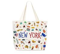 Dr.Baner New York Canvas Tote Bag, NYC Icon And Food Themed Reusable Shoulder Shopping Bag, City Vintage Tote Bag, New York Souvenirs Gifts For Women Friends Family (01)