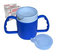 Dr. Bone's Therapeutics ® Two Handled Mug with Internal Cone Blue with Spouted Lid with Small Opening, Drinking aid 140 ml (Blue 2 Lids)