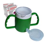 Dr. Bone's Therapeutics ® Two Handled Mug with Internal Cone Blue with Spouted Lid with Small Opening, Drinking aid 140 ml (Green 2 Lids)