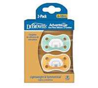 Dr. Brown’s Advantage One-Piece Silicone Baby Soother, Fully Symmetrical Soother, Green/Yellow 2 Pack, BPA Free