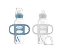 Dr. Brown’s® Milestones™ Narrow Sippy Bottle with 100% Silicone Handles, Easy-Grip Bottle with Soft Sippy Spout, 8oz/250mL, BPA Free, Light-Blue & Gray, 2 Pack, 6m+