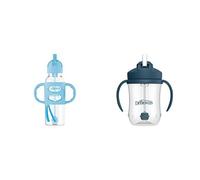 Dr. Brown's Milestones Narrow Sippy Straw Bottle, Spill-Proof 100% Silicone Handles and Weighted & Baby’s First Cup, Training Cup Weighted Straw, Dark Blue, 6m+