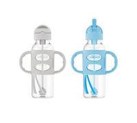 Dr. Brown's Milestones Narrow Sippy Straw Bottle, Spill-Proof with 100% Silicone Handles and Weighted Straw, 8 oz/250 mL, Gray & Blue, 6m+