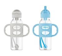 Dr. Brown's Milestones Narrow Sippy Straw Bottle, Spill-Proof with 100% Silicone Handles and Weighted Straw, 8 oz/250 mL, Gray & Blue, 6m+