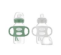 Dr. Brown's Milestones Wide-Neck Sippy Spout Bottle with 100% Silicone Handles, Easy-Grip Handles with Soft Sippy Spout, 9oz/270mL, Green & Gray, 2-Pack, 6m+