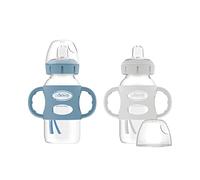 Dr. Brown's Milestones Wide-Neck Sippy Spout Bottle with 100% Silicone Handles, Easy-Grip Handles with Soft Sippy Spout, 9oz/270mL, Light-Blue & Gray, 2-Pack, 6m+