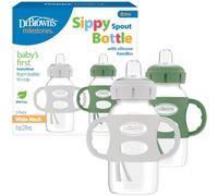 Dr. Brown's Milestones Wide-Neck Sippy Spout Bottle with 100% Silicone Handles, Easy-Grip Handles with Soft Sippy Spout, 9oz/270mL, Green & Gray, 2-Pack, 6m+