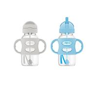 Dr. Brown's Milestones Wide-Neck Sippy Straw Bottle with 100% Silicone Handles and Weighted Straw, 9 oz/270 mL, Gray & Blue, 6m+