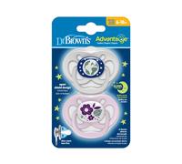 Dr Brown's Natural Flow Advantage Glow in the Dark Soother 2 Count (Pack of 1), Assorted (Random Design/Selection not Possible)