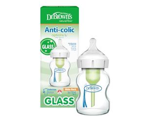 Dr Brown's Natural Flow Anti-Colic Options+ Wide-Neck Glass Baby Bottle, 5oz/150 ml, with Level 1 Teat, Pack of 1