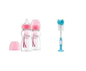 Dr. Brown's Natural Flow Options+ Anti-Colic Wide Neck Baby Bottles, 270ml Pink Twin Pack & Bottle and Teat Brush