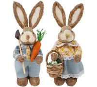 DR.DUDU Set of 2 Easter Decorations 13" Bunny Figurines Tabletop Spring Decor, Rustic Straw Bunny Couple with Carrot, Sisal Rabbit Statues Ornaments for Table Home Office Kitchen Farmhouse