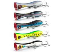 Dr.Fish 5 Pack Topwater Popper Saltwater Fishing Lures Kit, 8 Inches GT Popper VMC Treble Hooks Surf Fishing Lures for Striper Tuna Bluefish Mackerel Snapper Barracuda Pencil Plugs Offshore