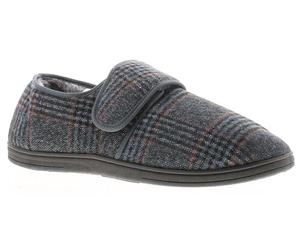 Dr Keller David Mens Moccasin Slippers for Men - Full Length Moccasin Men Slippers with Large Check Design & Navy Binding, Touch Close Fastening Diabetic Orthopedic friendly Navy 11 UK