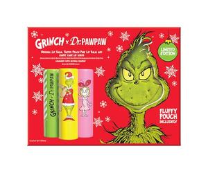 Dr.PAWPAW x The Grinch Lip Care Gift Set 3 x 4g with Pouch, Peach Pink Balm Candy Cane Lip Scrub and Original Balm, Exfoliating and Hydrating Pawpaw Lip Care Trio