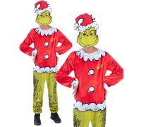 Smiffys Kids Dr Seuss The Grinch Santa Costume, Official Licensed Christmas Fancy Dress Jumpsuit & Mask for Children, Festive Holiday Outfit for Book Week & Christmas Parties Age 7-9