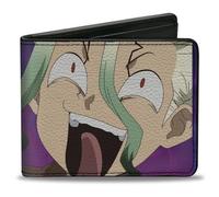 Dr. Stone Wallet, Bifold, Dr Stone Gen and Senku Smiling Pose Purples, Vegan Leather