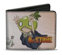 Dr. Stone Wallet, Bifold, Dr Stone Sagara Chalk and Suika Hands Up Pose and Logo Beige, Vegan Leather