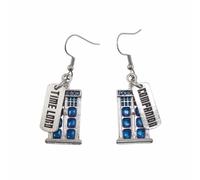 DR WHO TARDIS Dangle Earrings, Time Lord and Companion Charms, Silver Tone with Blue Enamel, Stainless Steel Hooks 42mm