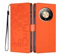 Draamvol for Honor Magic 8 Lite Case, Wallet Card Holder Kickstand Flip PU Leather Embossing Cat Magnetic Closure Shell Slim Fit Full Protective Skin Shockproof Phone Cover, Orange