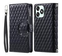 Draamvol for Honor X5C/ X5C Plus Case, Wrist Strap Wallet Zipper Card Slots Flip Glitter Diamond Check PU Leather Kickstand Magnetic Closure Full-Body TPU Bumper Shockproof Protective Cover, Black
