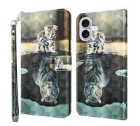 Draamvol for iPhone 17 Phone Case, Shockproof 3D PU Leather Wallet Card Slots Scratch Resistant Magnetic Closure Viewing Stand Function for iPhone 17 Phone Cover, Cat & Tiger