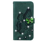Draamvol for iPhone 17 Phone Case with Wallet Card Slots Kickstand Flip Embossed Gems Bling Shiny Butterfly PU Leather Magnetic Closure TPU Bumper Cover Heavy-Duty Shockproof Case, Red