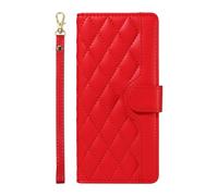 Draamvol for OnePlus 15 Phone Case, Wallet Card Holder Kickstand Lanyard Diamond Check Flip PU Leather Magnetic Closure TPU Bumper Heavy Duty Shockproof Protective Phone Cover, Red