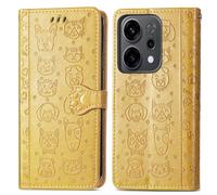 Draamvol for Oppo Reno 14 5G Phone Case, Wallet Premium PU Leather Oppo Reno 14 5G Embossed Cat Dog Shockproof Magnetic Clasp Animal Shockproof Protective with Card Holder Kickstand Cover, Yellow