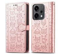 Draamvol for Oppo Reno 14 5G Phone Case, Wallet Premium PU Leather Oppo Reno 14 5G Embossed Cat Dog Shockproof Magnetic Clasp Animal Shockproof Protective with Card Holder Kickstand Cover, Rose Gold