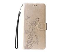Draamvol for OPPO Reno 14 Pro Phone Case, Wallet Card Slots Butterfly Flower PU Leather Flip Magnetic Closure Shockproof Soft TPU Bumper Protective Cover, Gold