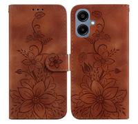 Draamvol for Samsung Galaxy A07 Phone Case, Wallet Card Slots Premium Flip PU Leather Kickstand Magnetic Closure Embossed Lily Pattern Shockproof TPU Bumper Heavy Duty Protection, Brown