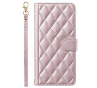 Draamvol for Samsung Galaxy S26 Edge Phone Case, Wrist Strap Wallet Card Holder Kickstand Lanyard Flip PU Leather Diamond Check Full-Body Soft TPU Bumper Shockproof Protection Phone Cover, Rose Gold